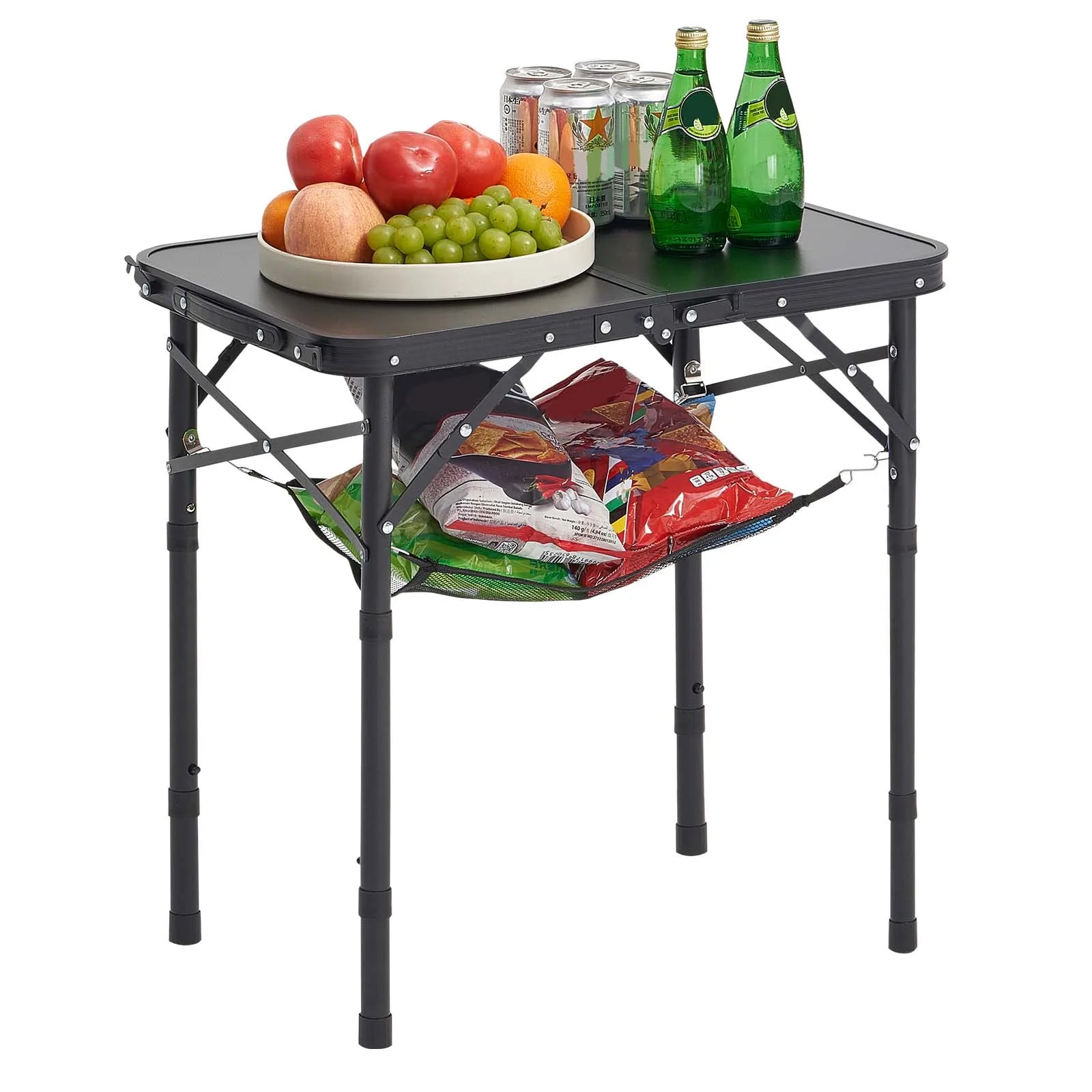 SucceBuy Folding Camping Table Adjustable Height Portable Side Tables Aluminum MDF Beach Table with Mesh Layer for Picnic BBQ