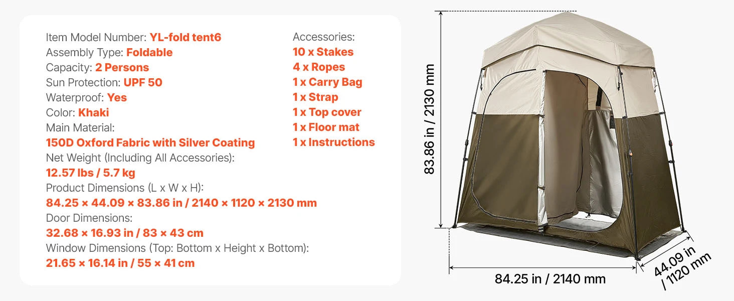 Tente de douche de camping SucceBuy, 1 pièce, pliable, tente d’intimité/changement avec piquets, cordes, sac de transport et traverse