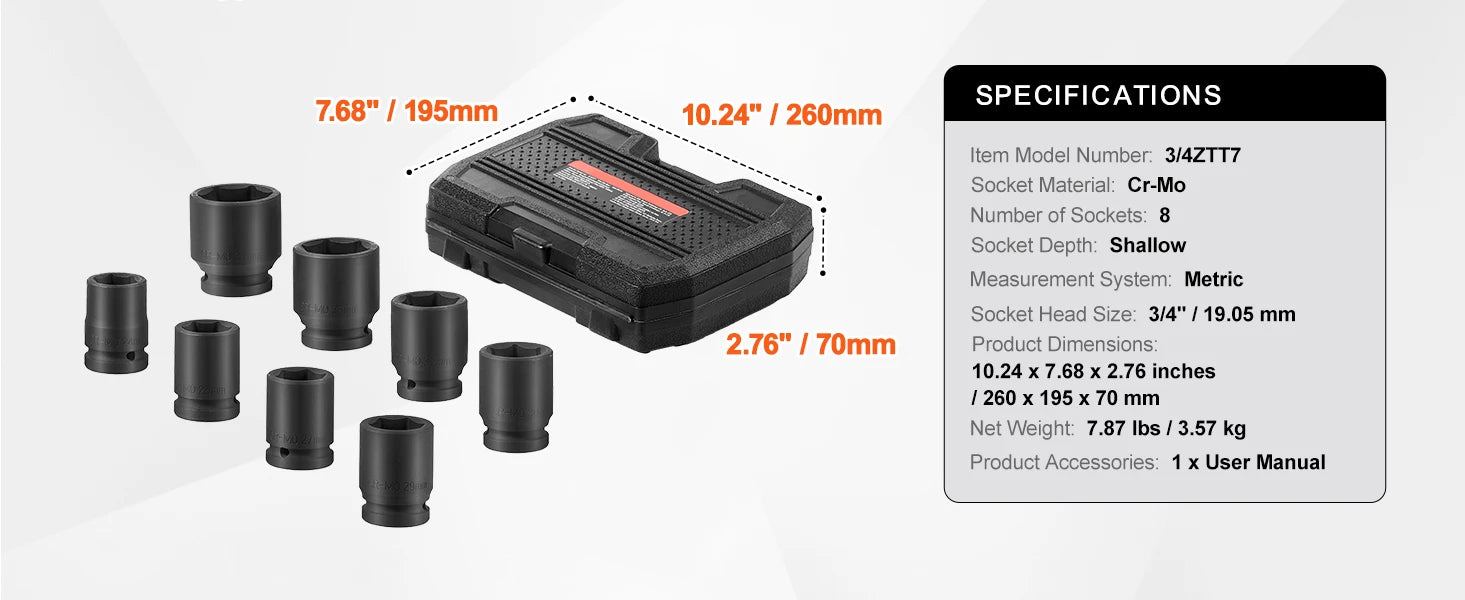 SucceBuy Axle Nut Impact Socket Set Drive Deep 6-Point 8-Piece SAE Spindle Nut Socket Set CR-MO Heat Treated Large Socket Set