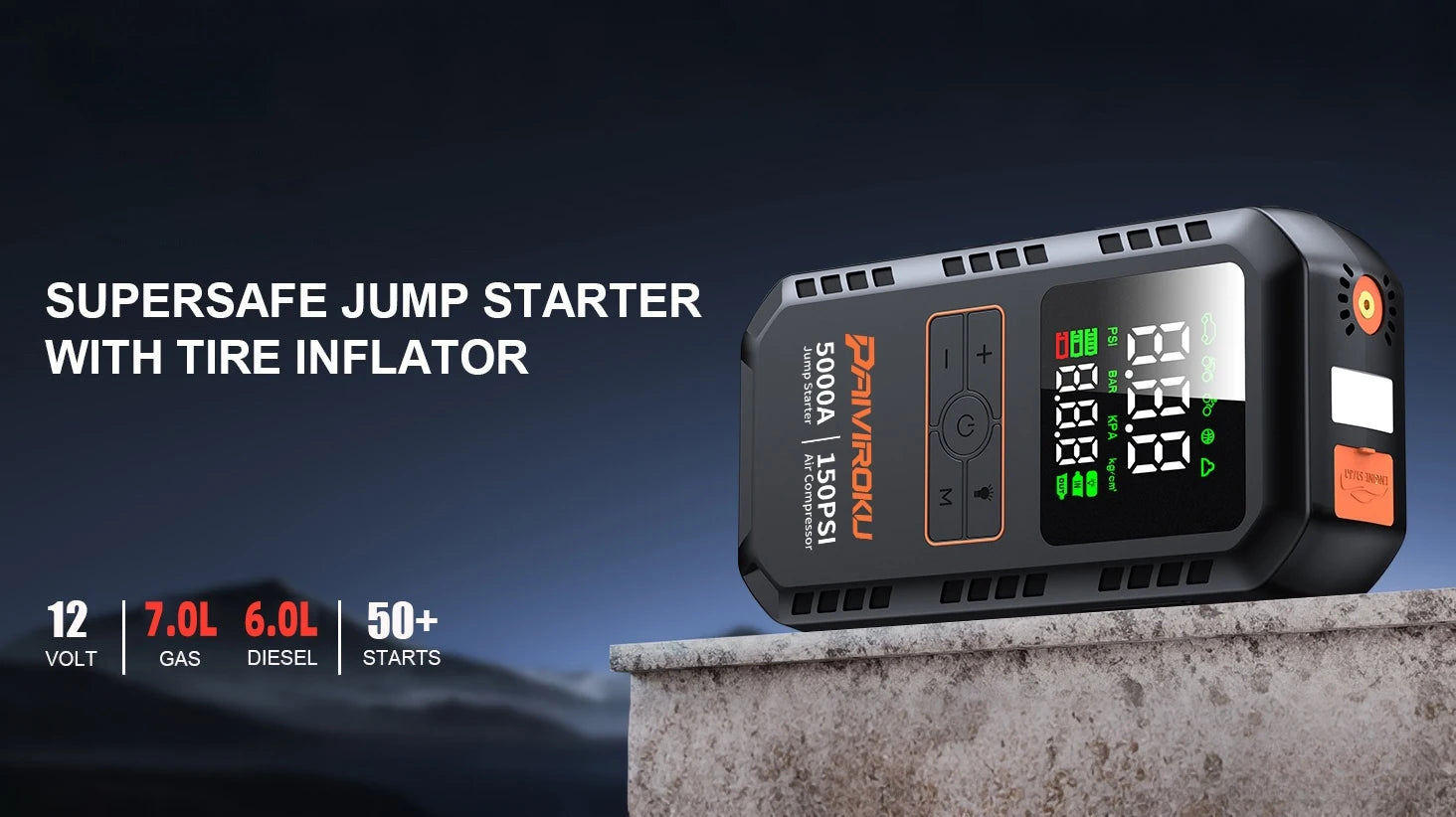 4-in-1 Car Jump Starter with Air Compressor, 150 PSI Tire Inflator, Power Bank
