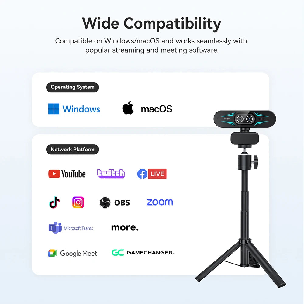 4K Webcam with Autofocus, Dual Mics & RGB Light for Streaming