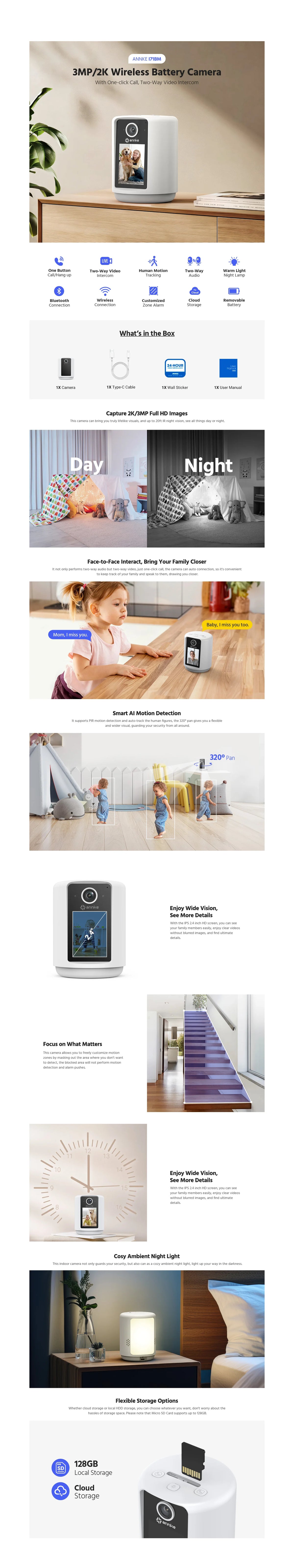 Smart Video Calling Camera with 2.4" IPS Screen and 320° Pan