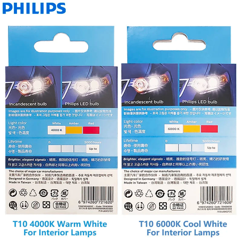 Philips LED T10 W5W Ultinon Pro6000 4000K 6000K fehér fényes belső lámpák, index jelző, nincs villanás, hibamentes, Páros