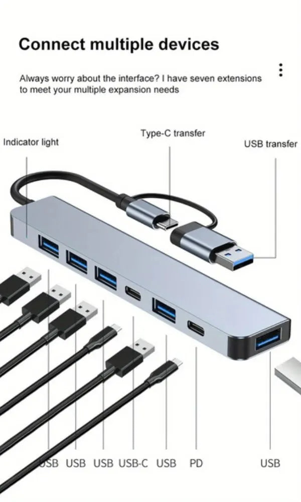 USB-hubb med sju portar och USB-A- eller USB-C-alternativ