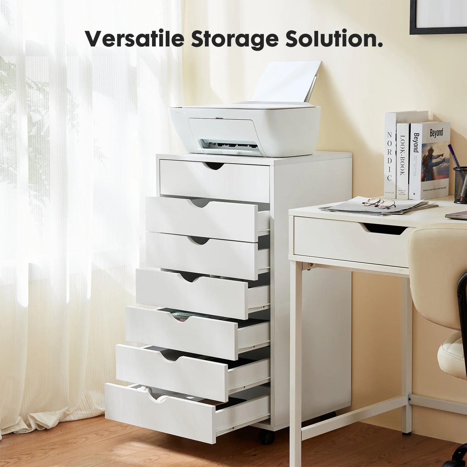 7 Drawer Rolling Storage Cabinet with Wheels Wooden Chest Organizer