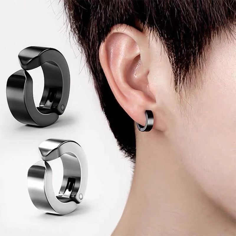 2 Pcs Classic Korean Punk Stainless Steel Ear Clip Earrings for Men Women Black No Pierced Fake Ear Circle New Pop Jewelry 