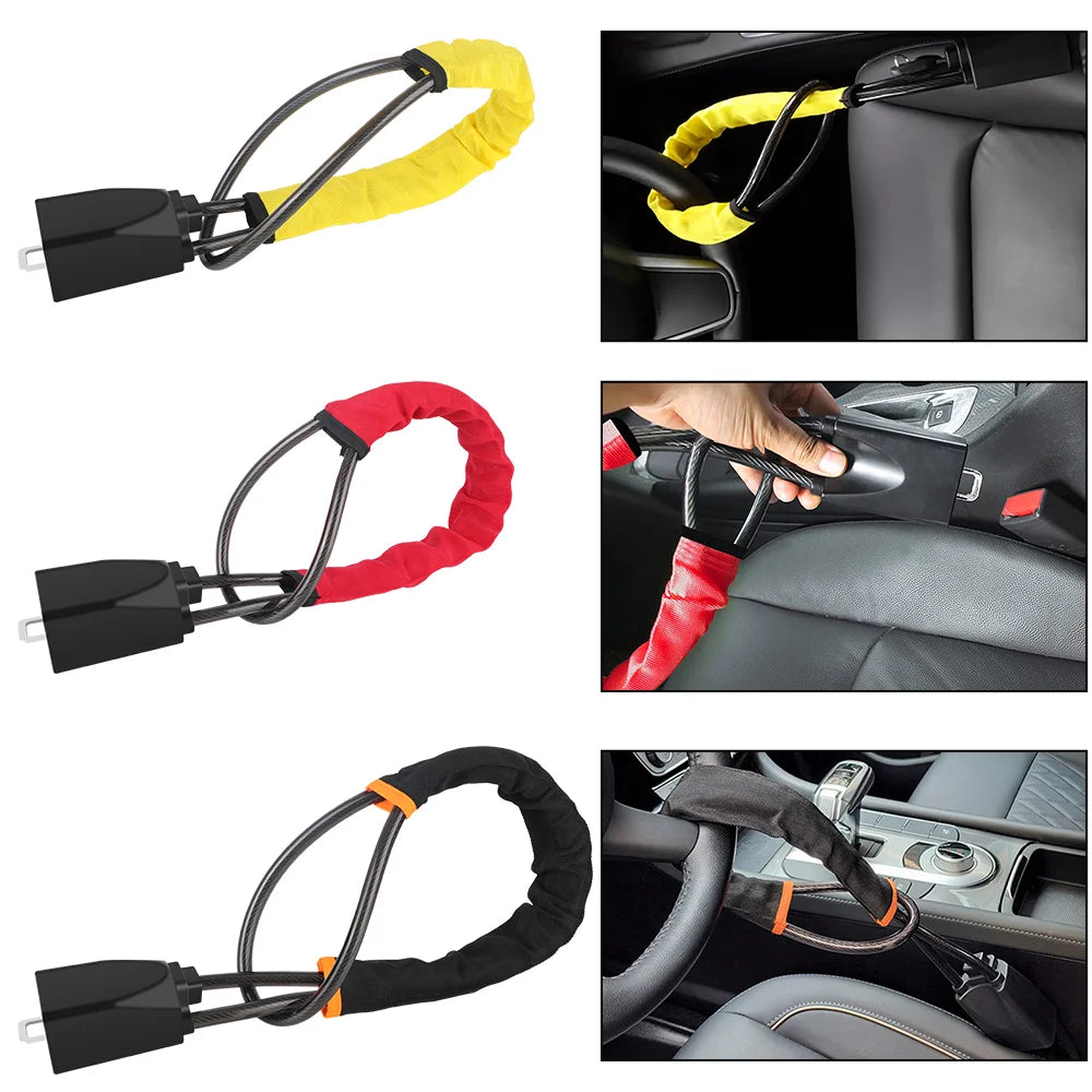 SEAMETAL Car Steering Wheel Lock Universal Antitheft Device Auto Seat Belt Buckle Lock Rope Steel Cable for Car Truck SUV Van RV