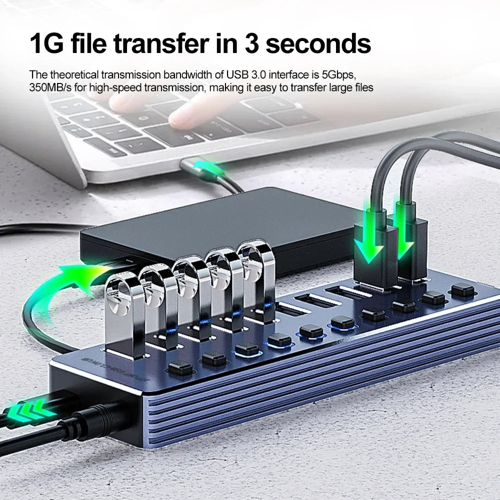 USB-C Hub with Individual Switches, 7 or 10 USB 3.0 Ports