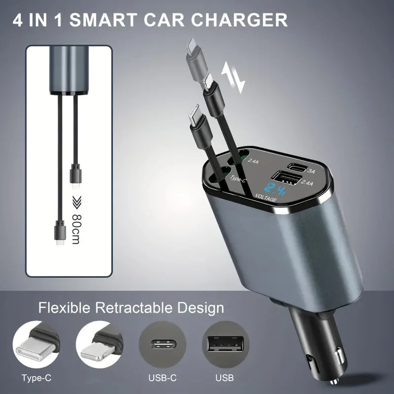 Chargeur de voiture rétractable 4-en-1 avec prise réglable