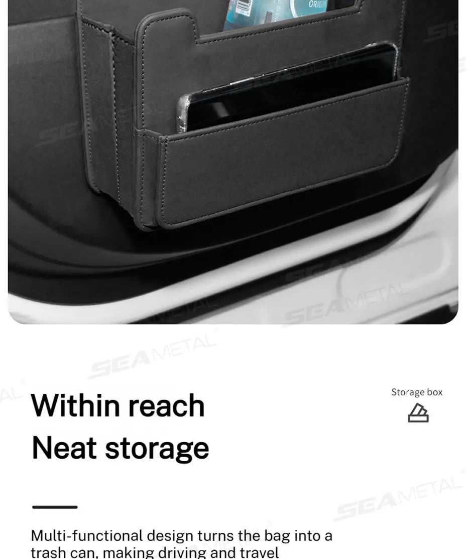 SEAMETAL Tiny Car Trash Can with Pocket Waterproof PU Leather Seat Back Storage Bag Foldable Hanging Car Organizer Dustbin Bin