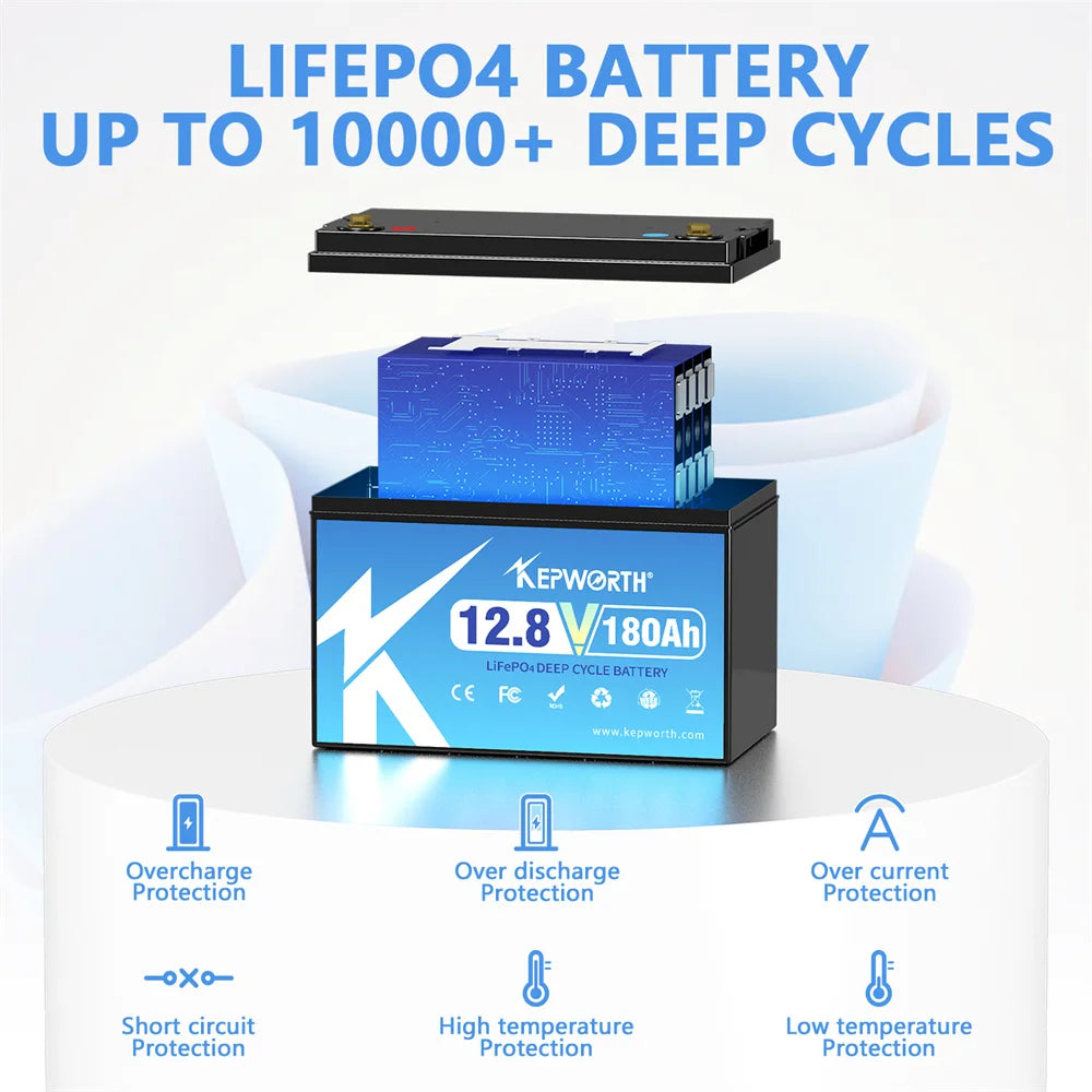 KEPWORTH 12V 180Ah 300Ah Lithium Iron Phosphate Battery With Upgraded BMS 6000 Cycles For RV Campers Golf Cart Off-Road Off-Grid