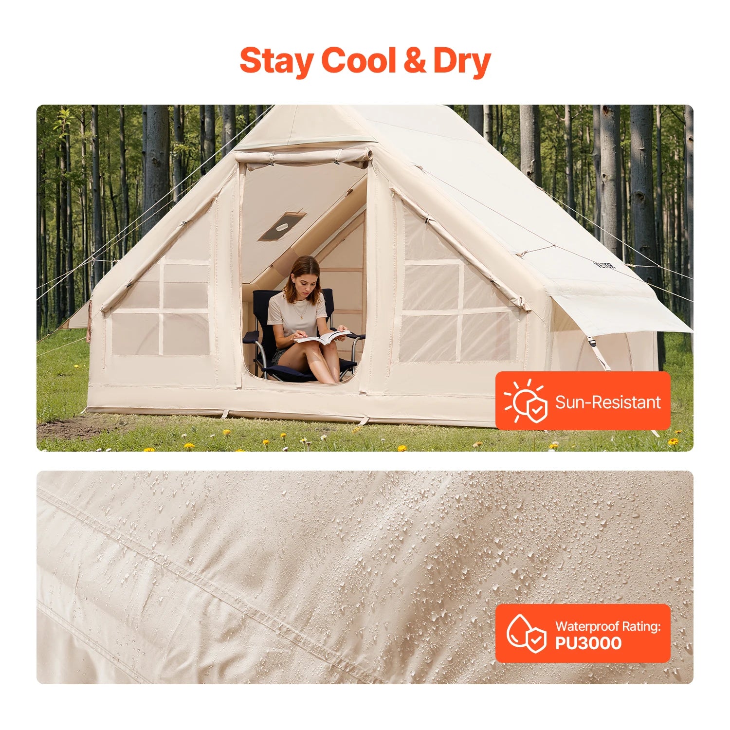 Tente de camping gonflable avec pompe, tente imperméable en Oxford pour 3 à 5 personnes