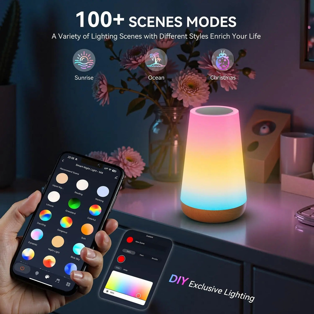 Candeeiro de mesa Wi-Fi com aplicação Tuya Smart, candeeiro de ambiente para mesa de cabeceira, candeeiro de mesa de cabeceira com controlo remoto, luz noturna com vários modos de iluminação