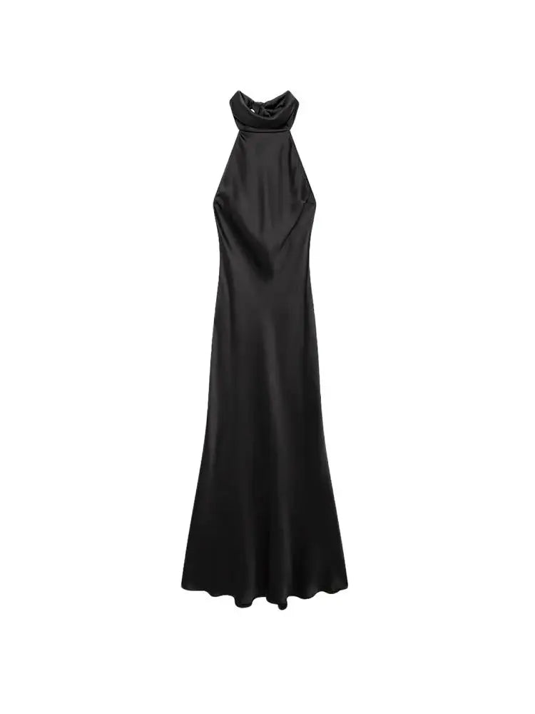 Women's Long Satin Halter Dress, Backless, Bow Tied, Back Zipper, Female Dresses, Sexy Fashion 