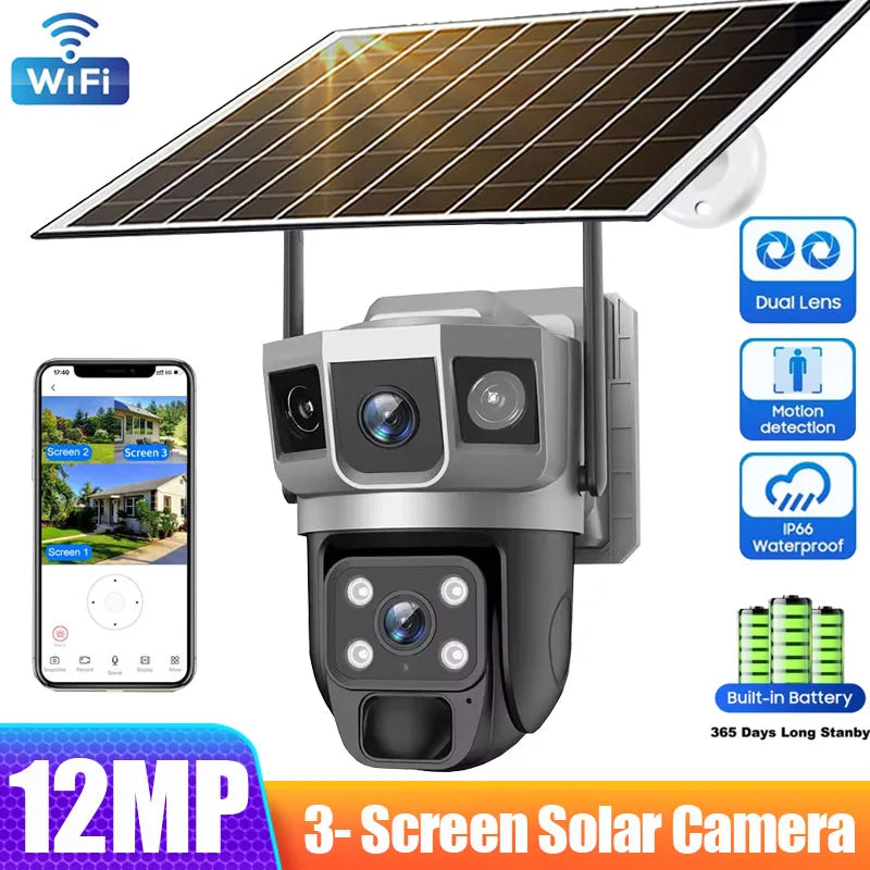 Dual Lens Three Screens WIFI Solar Camera 12MP 10X Zoom CCTV Outdoor Automatic Tracking Humanoid Detection Support PTZ IP66 Cam 