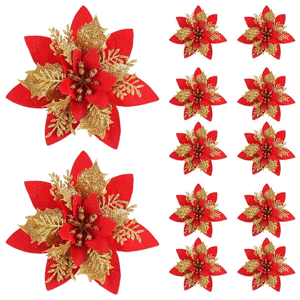 5/10pcs 14.5cm Christmas Flower Ornaments,Pink,Red,Gold,Glitter Artifical Flowers For Christmas Tree,Xmas Decoration For Home 