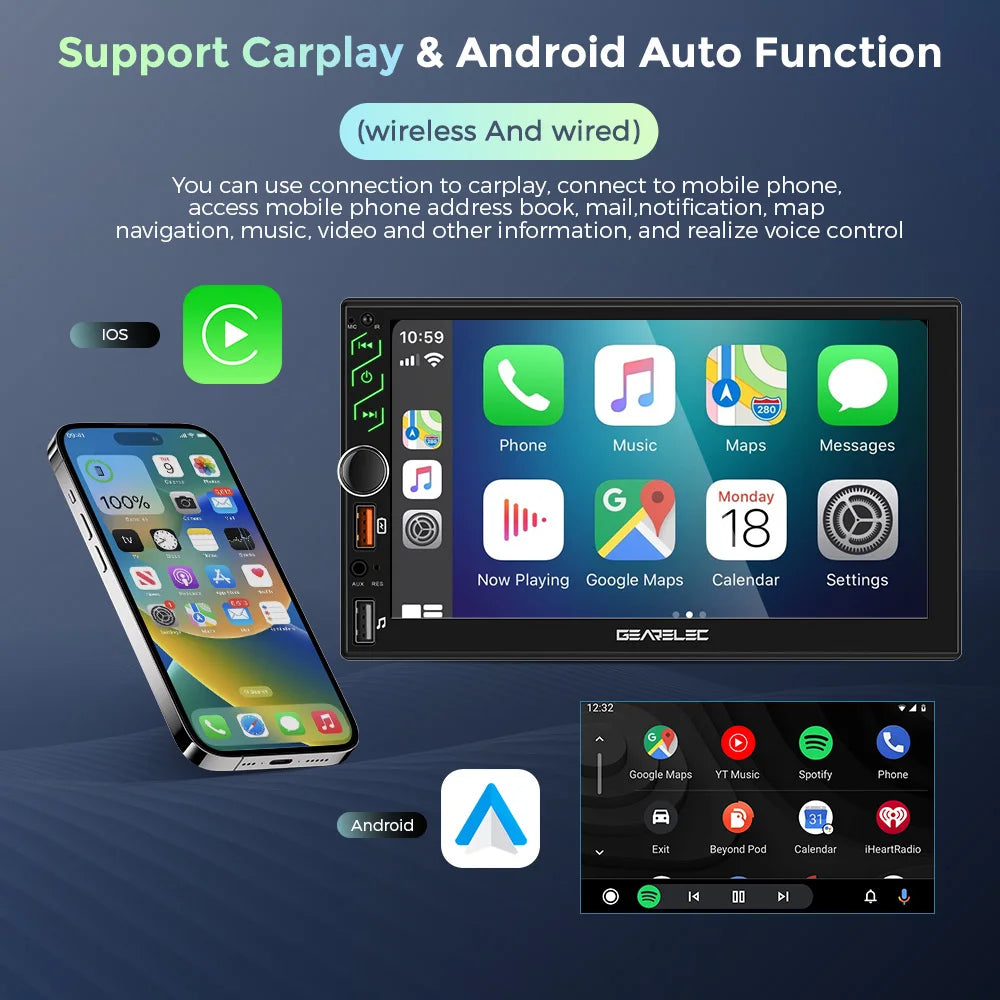 7 Inch Car Radio 2 Din Android 13 CarPlay Multimedia Player