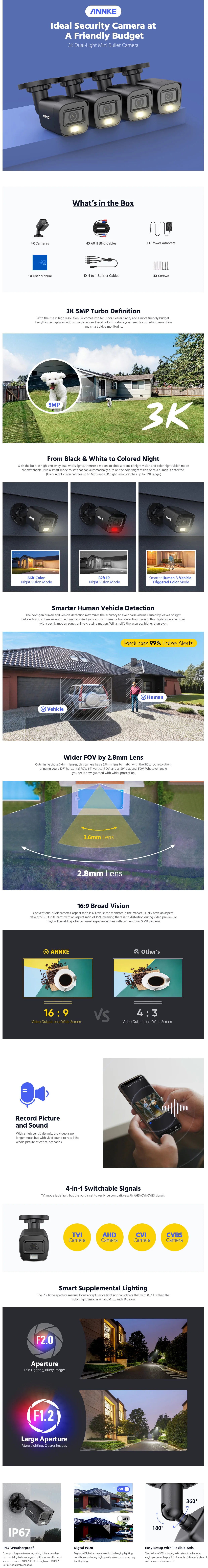 3K Dual-Light Audio Bullet Camera with 2.8mm Lens