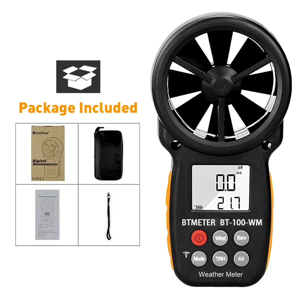 Anemómetro e barómetro digital portátil BTMETER BT-100-WM, com funções de medição da temperatura e da humidade, 0.3-30 M/s