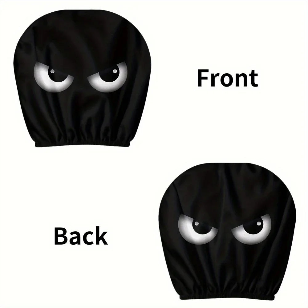 2PCS Funny Slanted Eyes Cartoon Print Car Headrest Cover for Halloween Christmas Holiday Automobile Interior Decoration 