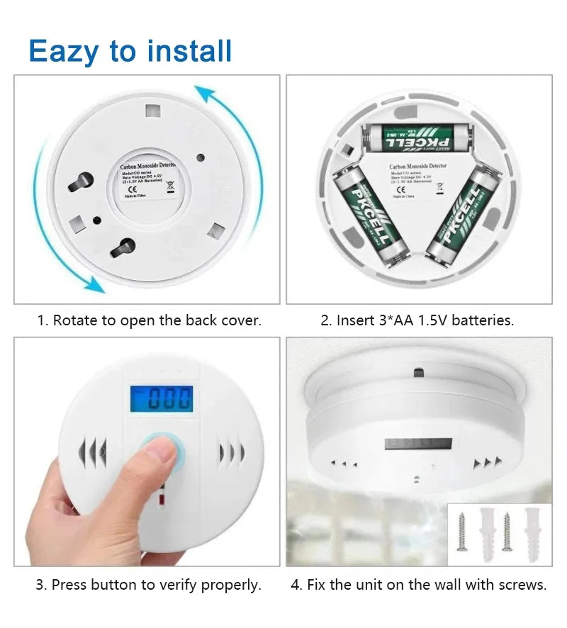 Carbon Monoxide Detector Alarm New Photoelectric Sensor 85dB Sound Warning LCD Digital Display Home Indoor CO Poisoning Siren 