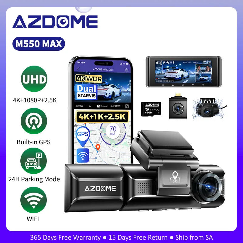 4K 3 Channel Dash Cam with WiFi, GPS, IR Night Vision and Parking Mode