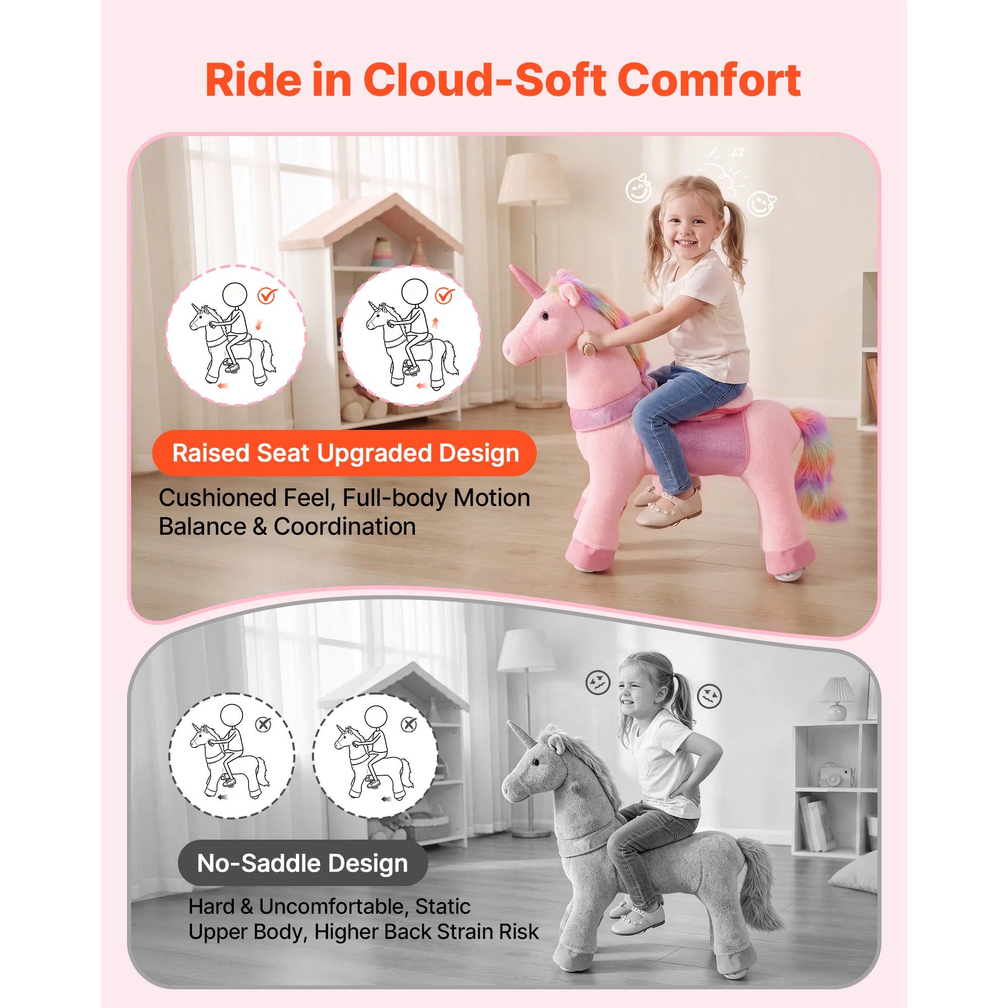 SucceBuy 110/176 lbs Kids Ride On Horse Riding Pink Unicorn Toys Smooth Wheels with Anti-Roll Stop Ring & Handles for Children