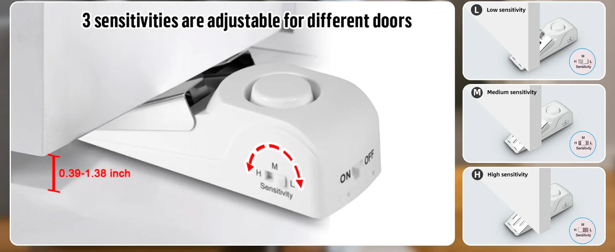 120dB dörrstopp-larm 3 nivåer av känslighet dörr kil-larm portabelt dörrstopp säkerhetslarm för hem hotell resa lägenhet