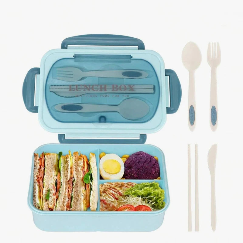 Caixa bento compartimentada para almoço com utensílios, opções de cor