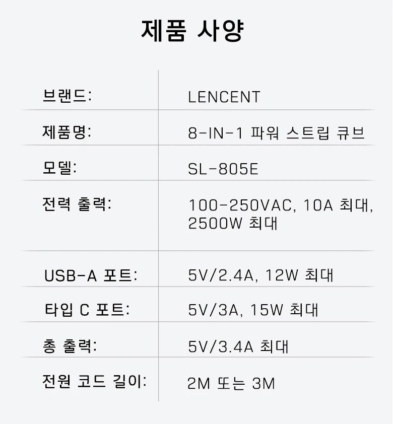 LENCENT EU Plug Power Strip with 4 AC Outlets 3 USB Port 1 Type C 2M/3M Braided Cable Multi Socket with Switch for Home 
