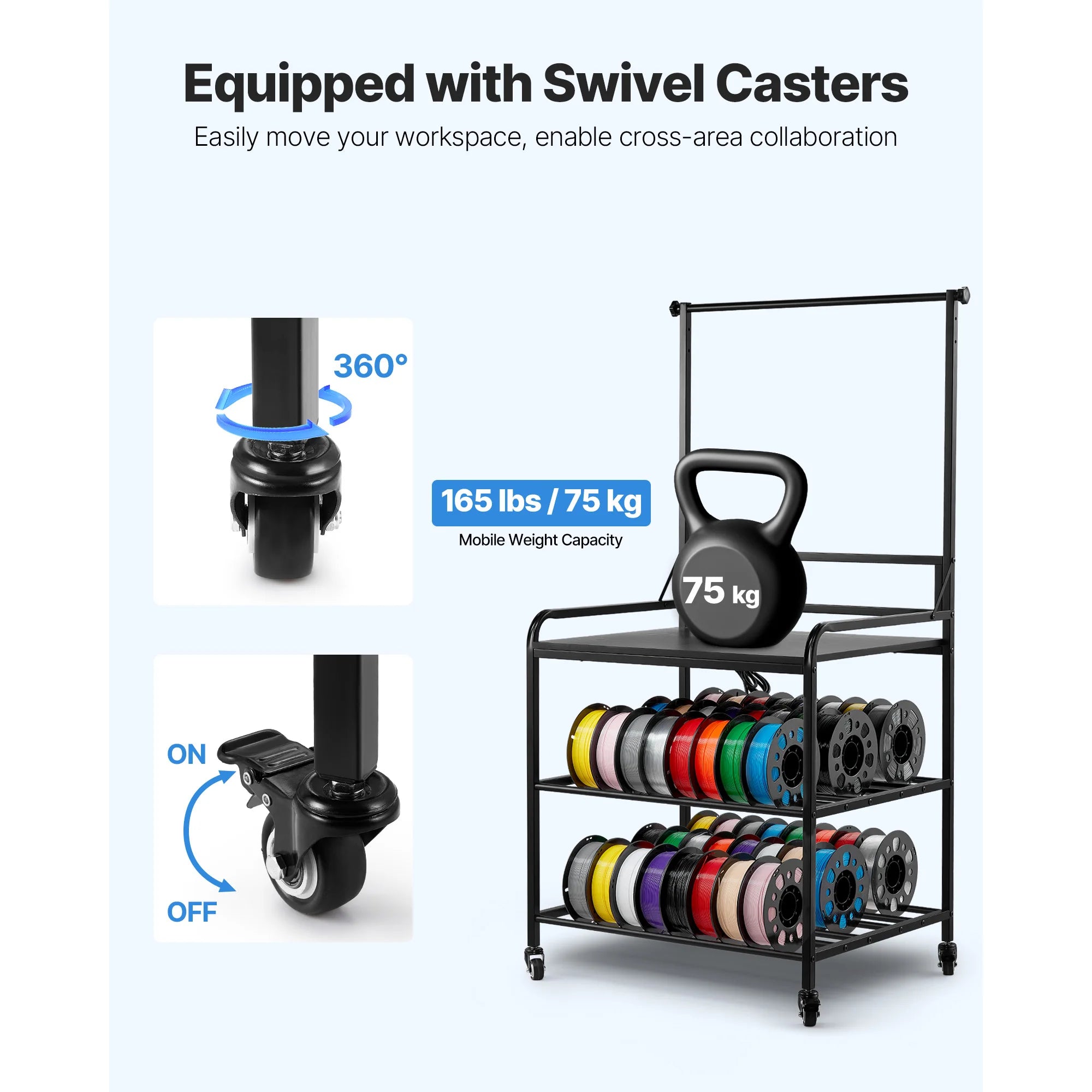 3-Tier 3D Printer Filament Storage Rack with Wheels & Power