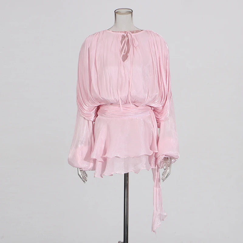 TWOTWINSTYLE Solid Patchwork Lace Up Blouse Mini Dresses For Women V Neck Long Sleeve Sweet Style Dress Female Clothing Fashion 