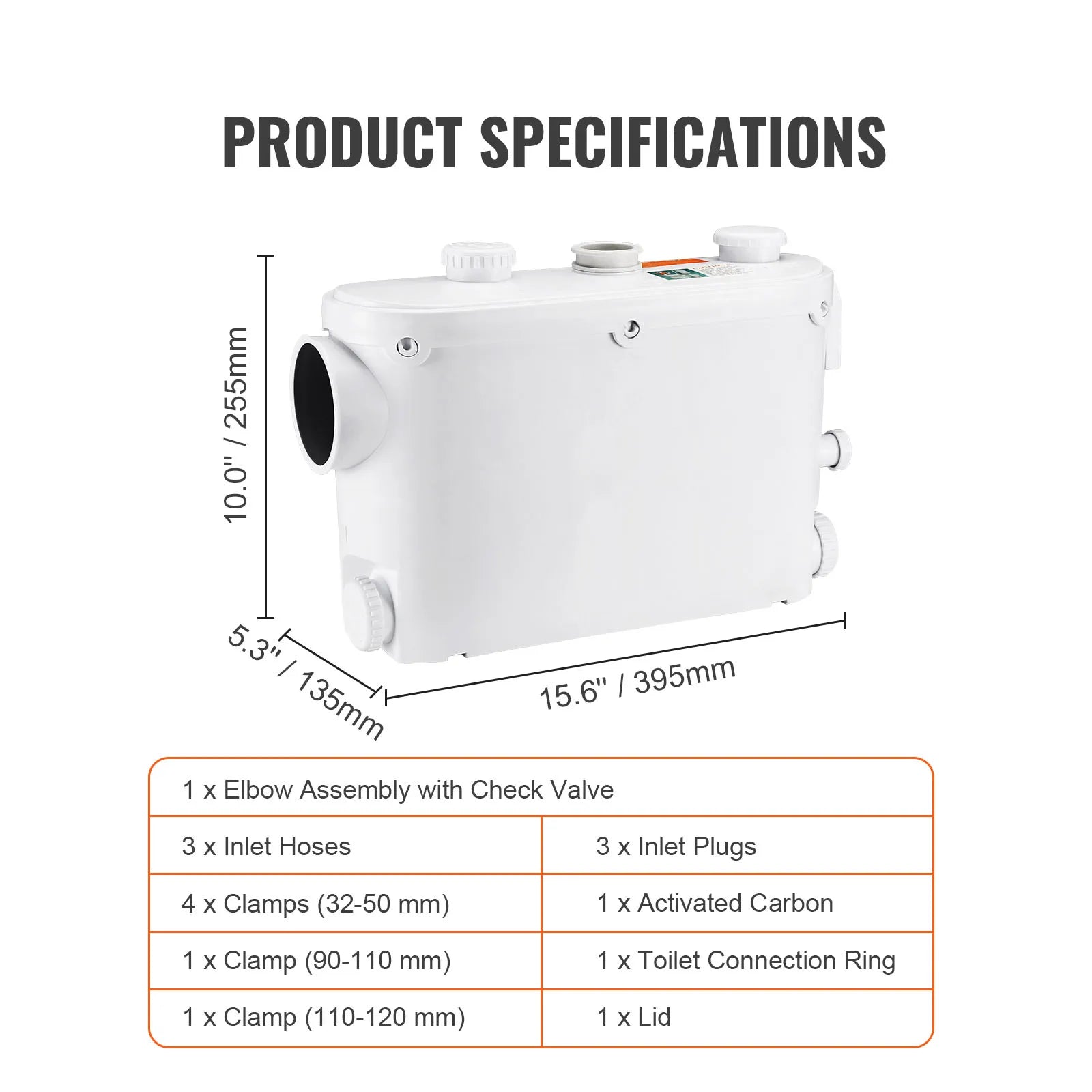 SucceBuy makeratorska pumpa 500 W, pretok 29 GPM, višina 26 ft / 8 m, stenska WC pumpa, 4 priklopi za vodo, odpadne vode, naprava za iztiskanje skozi steno