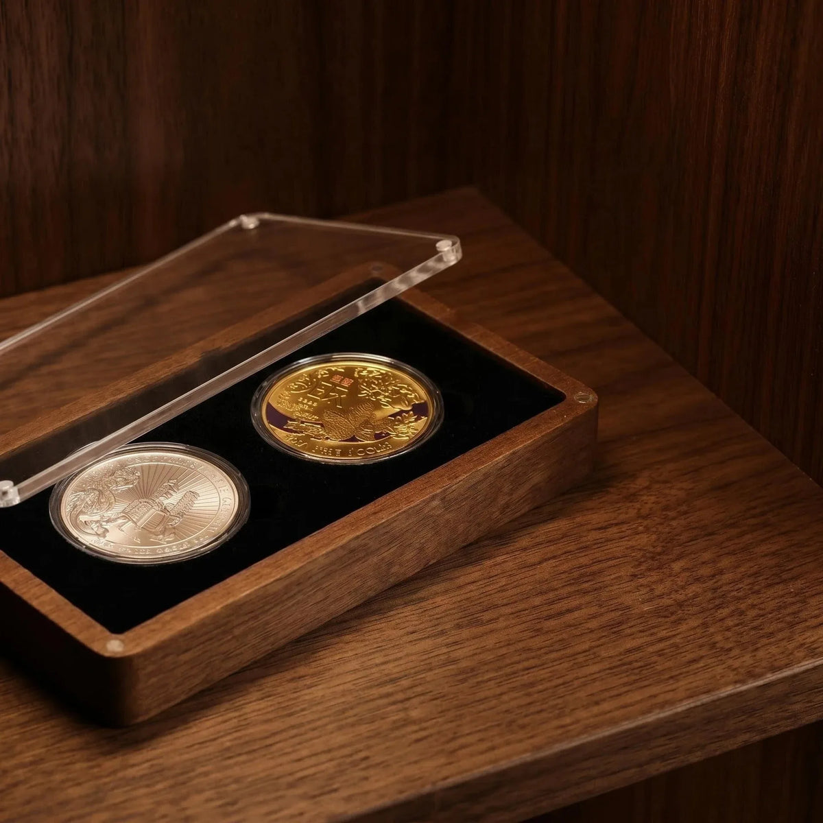 Expositor transparente de madeira para moedas e caixa de oferta