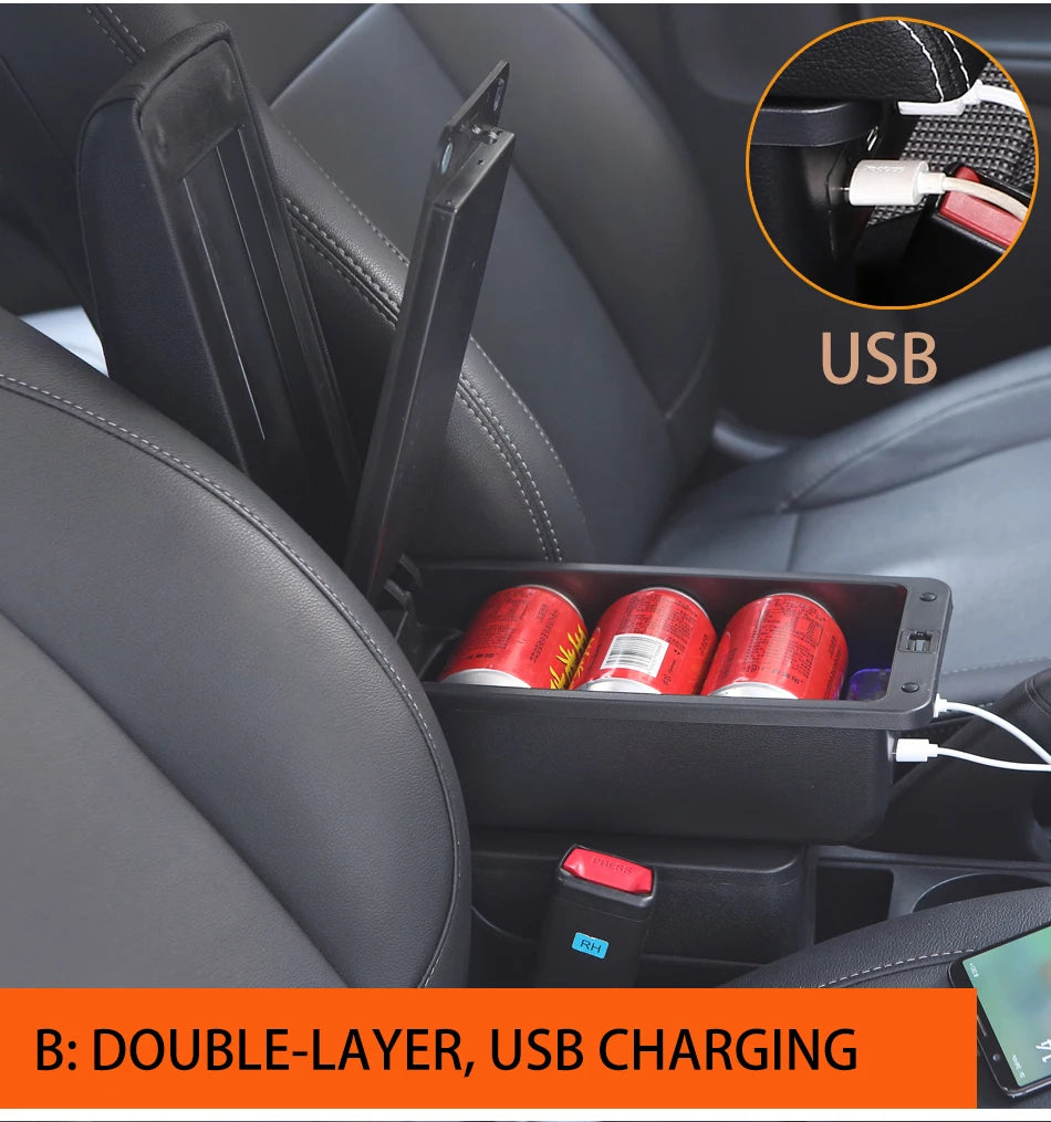 Universaali auton käsinoja säilytystilalla ja valinnaisilla USB-porteilla