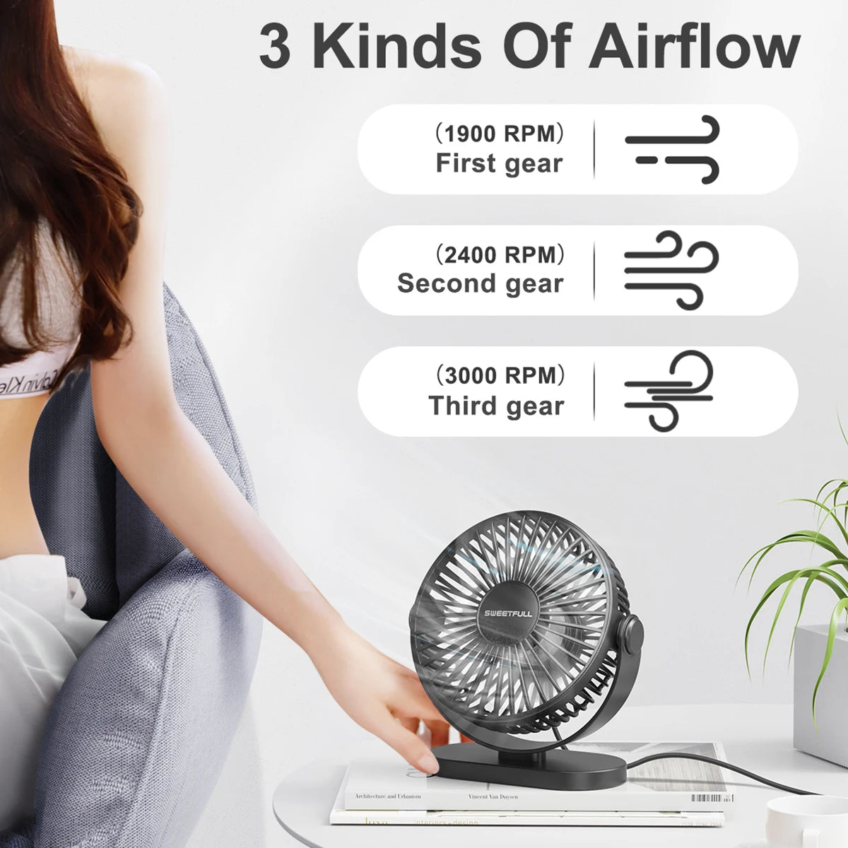 USB Desktop Wall Mounted Mini Fan, 3-Speed Quiet Cooling Fan
