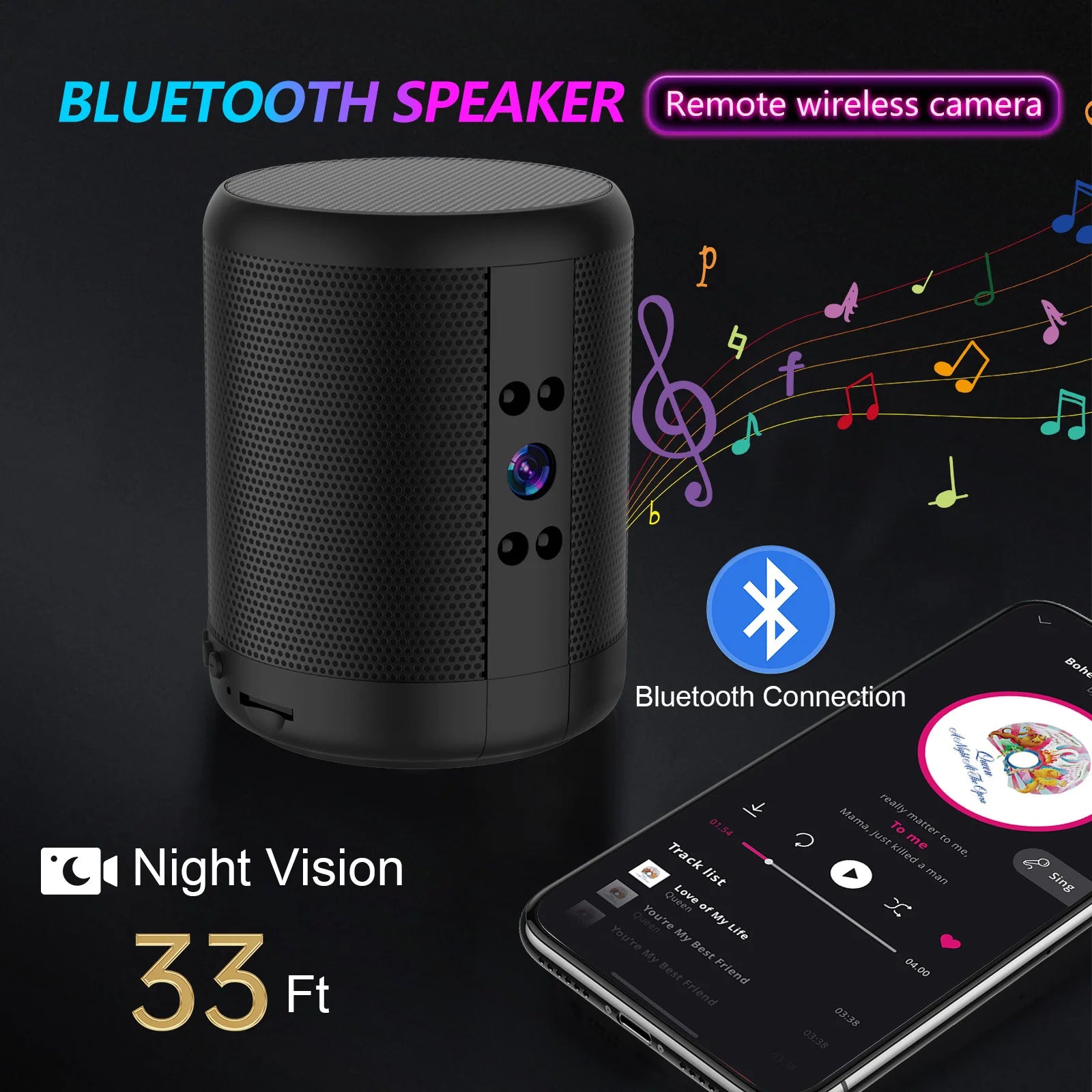 1080P HD Mini WiFi Camera Bluetooth Speaker with Night Vision