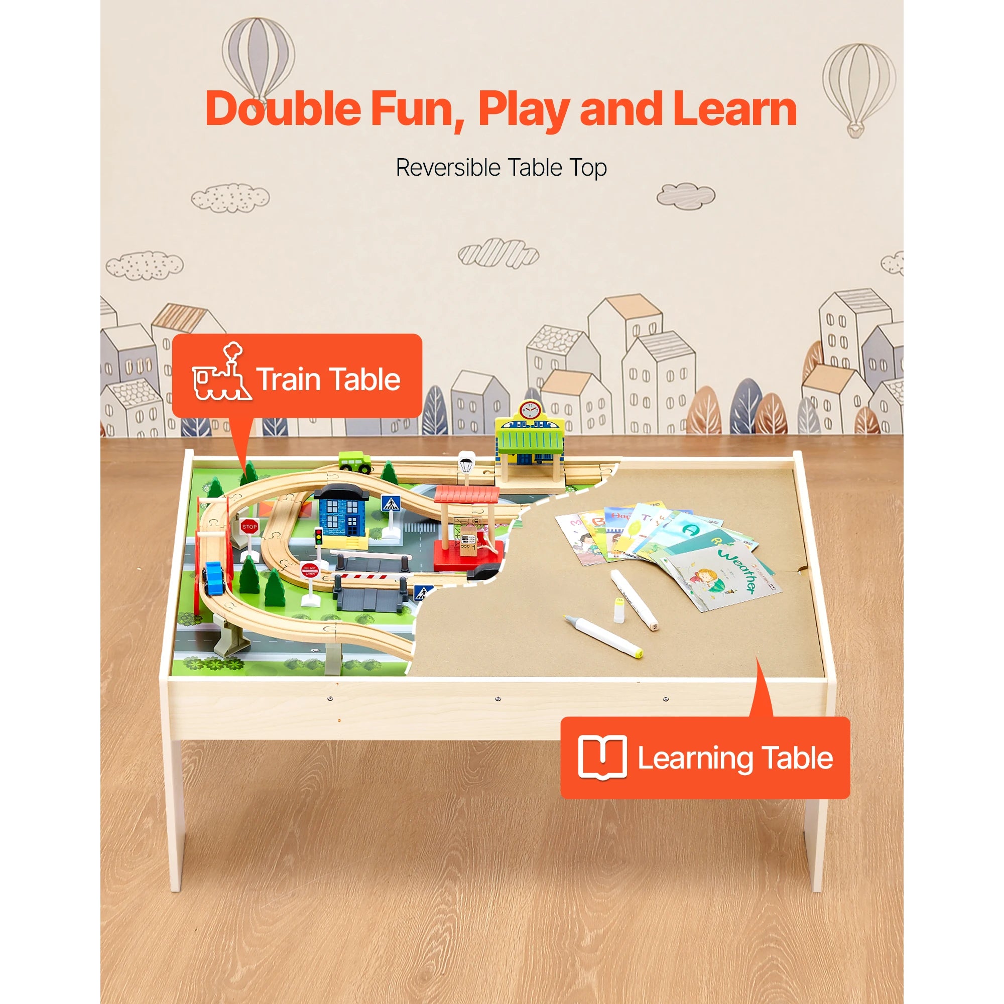 Kids Wooden Train Table Set with Storage & Double-Sided Play Surface