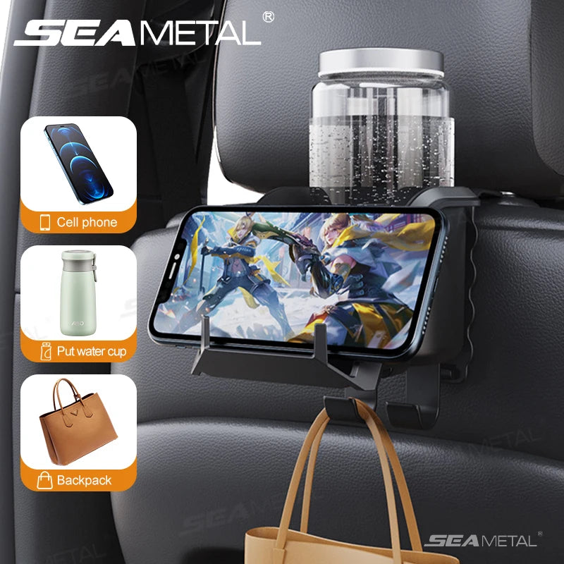 SEAMETAL 3 in 1 Car Headrest Cup Holder Car Rear Row Drink Holder Phone Mount Storage Organizer Large Load-Bearing Stable Hook