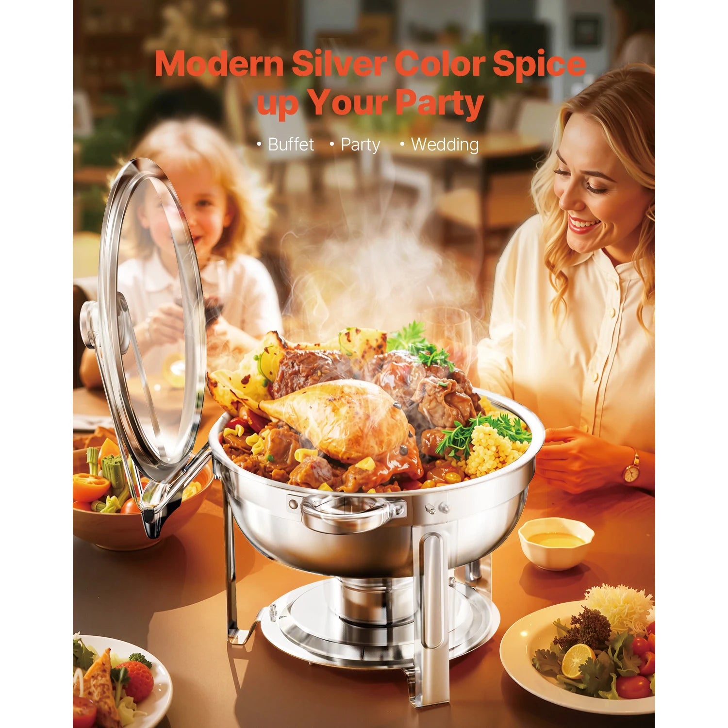 SucceBuy 5 Qt 2 4-pak rund buffetvarmer i rustfrit stål med 4 fuld størrelse fade, cateringvarmer til fest