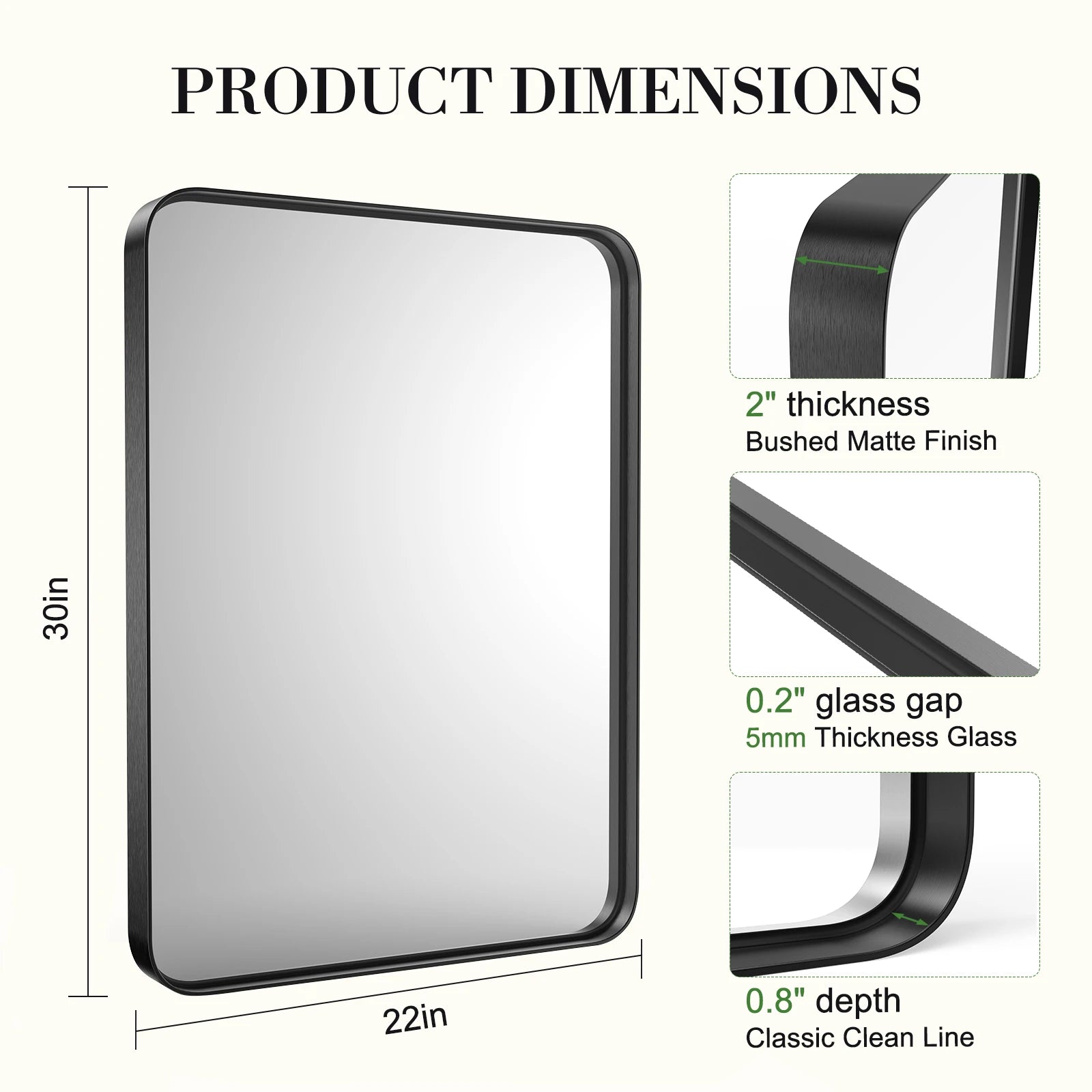 Large 30x40 Inch Black Framed Wall Mirror with Tempered Glass