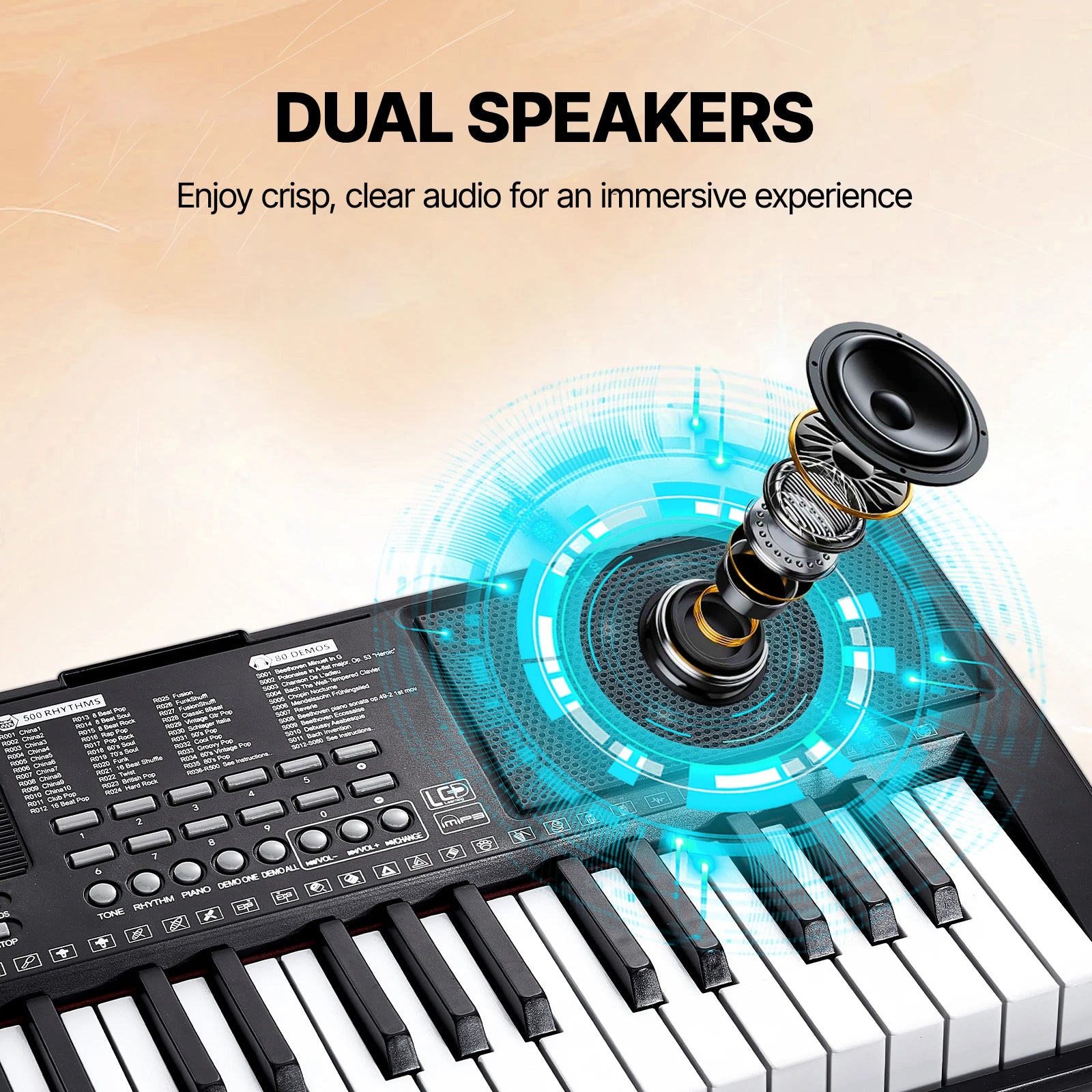 SucceBuy 61 Key Digital Keyboard Piano Electric Portable Piano 200 Tones 200 Rhythms or 600 Tones 500 Rhythms for Beginner Use