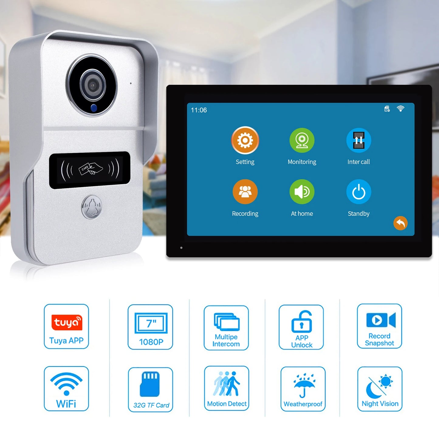 Wireless Wifi Video Doorbell System, 1080P Doorphone Door Camera, 7 Inch Touch Screen, Video Intercom 32GB SD card for Home Spy-shop.com