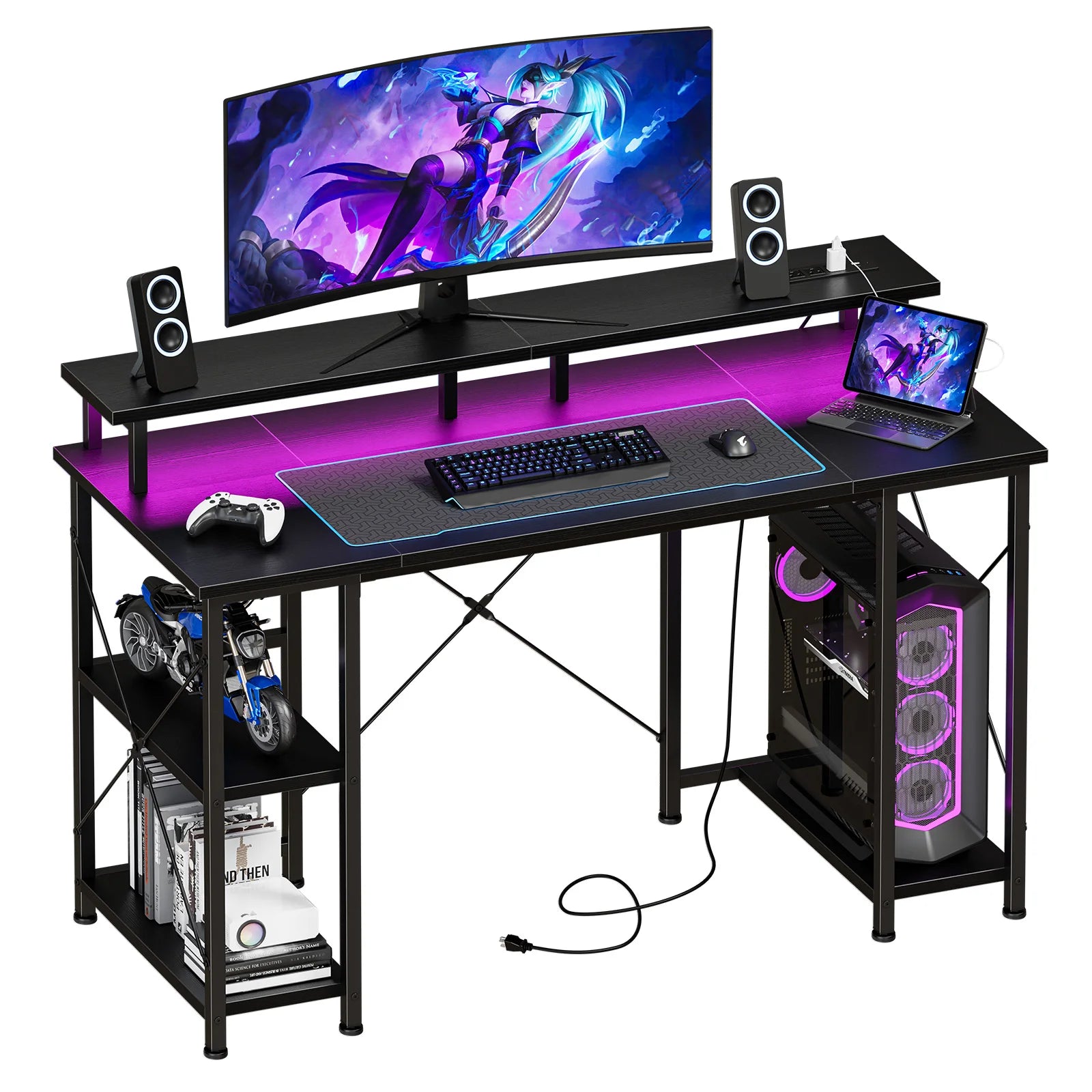 48 Inch Gaming Desk with LED Lights, Power Outlets & Storage