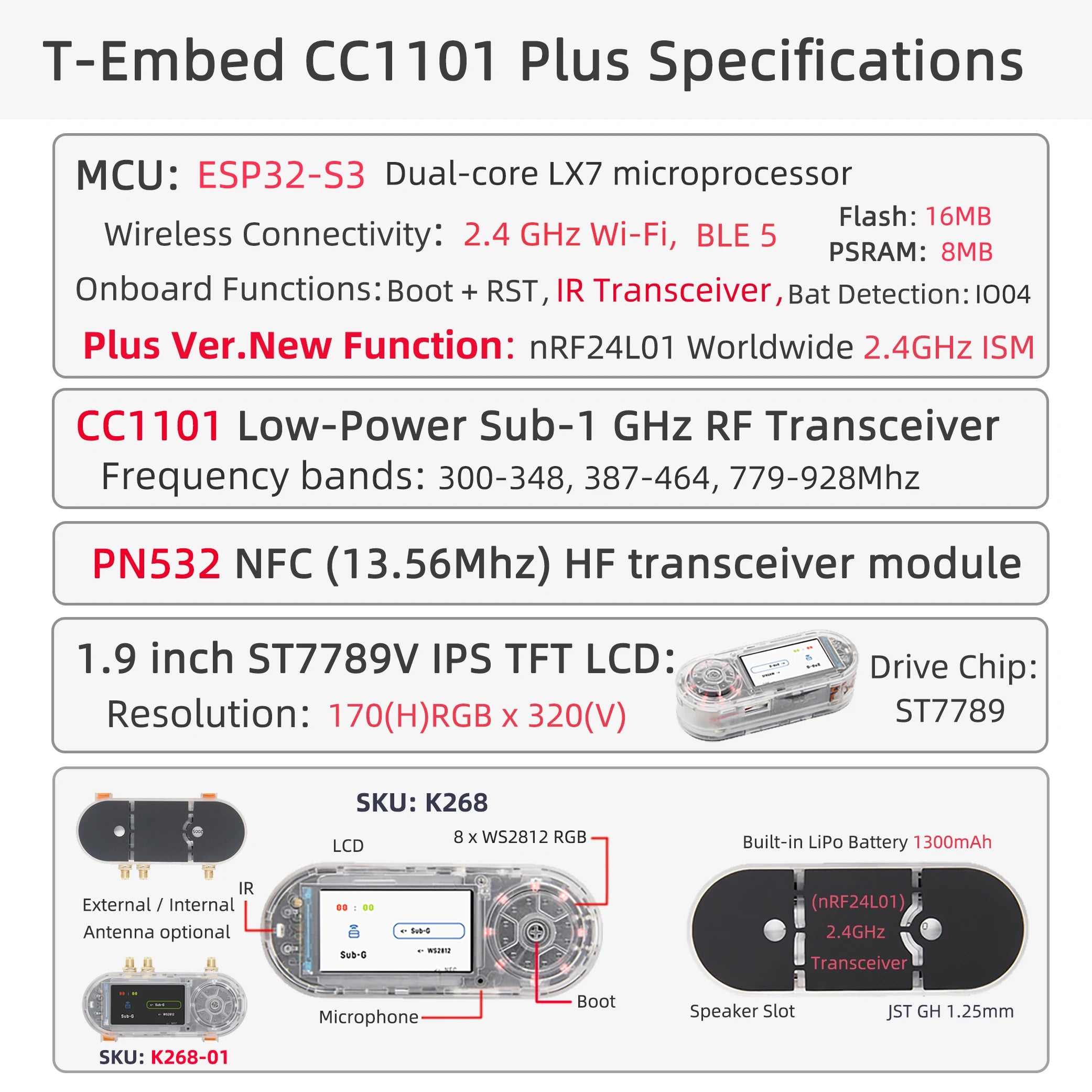 ESP32-S3 RF-ontwikkelbord met CC1101, NFC, LCD en 1300mAh batterij
