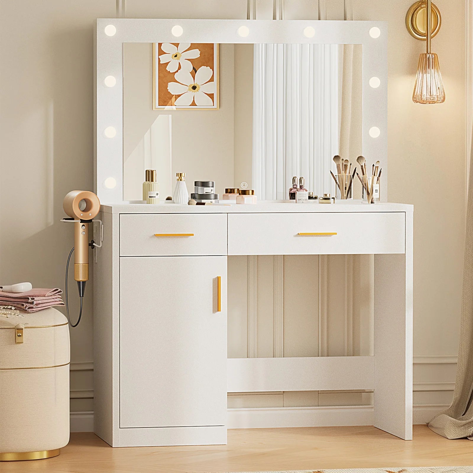 Vanity Desk with LED Mirror, Charging Station & Storage