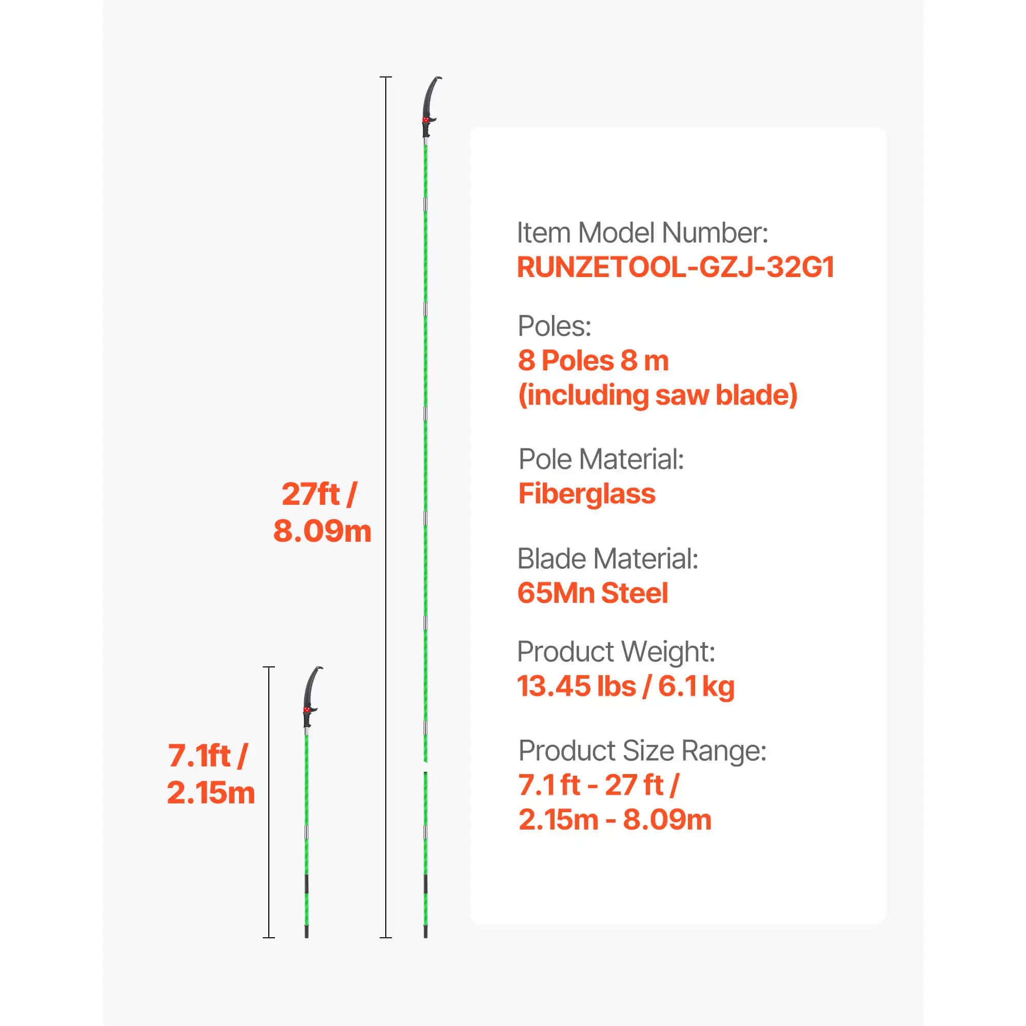 SucceBuy manuálny pílka na stĺp Pole Saw 3,87–27 ft Rozšíriteľná vetvička Pruner ostrý 65Mn oceľový list Sklenená sklenená násada na tyč pre strihanie vysokých konárov