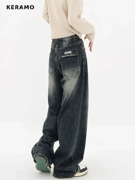 Harajuku Streetwear retro modne jesenske ženske kavbojke z visokim pasom, ohlapne široke ravne ohlapne hlače iz jeansa Y2K široke hlače