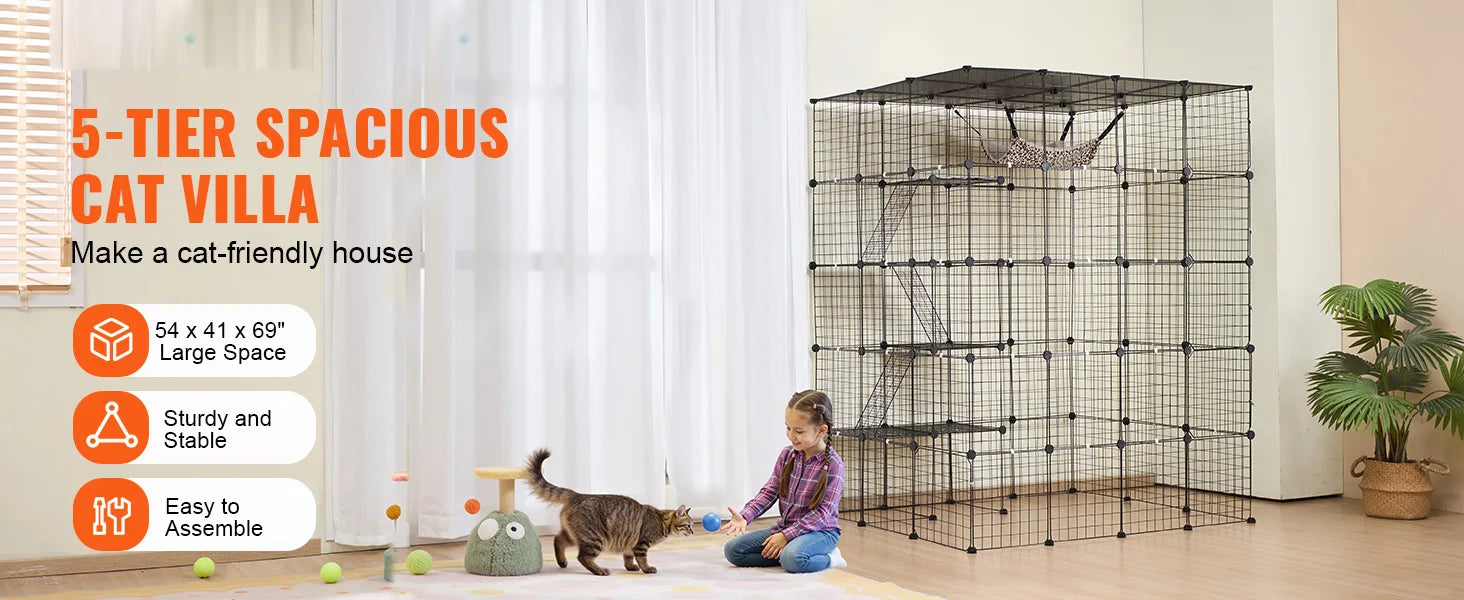 Gaiola grande para gatos SucceBuy, gaiola de metal com separação, jaula de arame com portas frontais, rede para gatos, rampa, escadas, casinha, espaço para exercício para gato