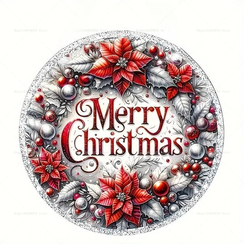 Merry Christmas Winter Snowman Metal Sign - Round Hanging Decoration for Front Door and Home Wall 